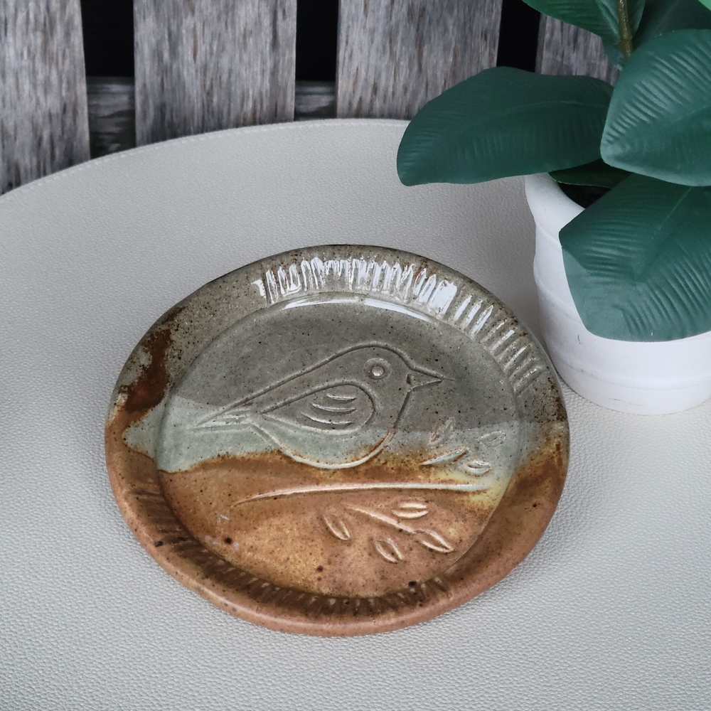 Bird & Branch Glazed Sage Pottery Plate - Picture 4 of 6